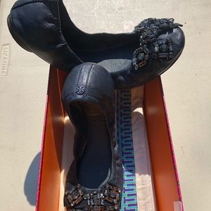 Tory Burch Navy Slipper with Rhinestone Bow